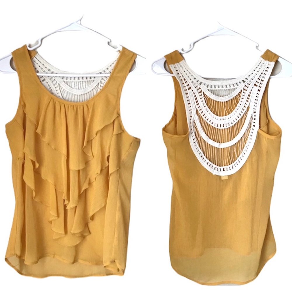 Forever 21 Sleeveless Top Size SP Rustic Yellow Ruffled Front Crochet Back EUC